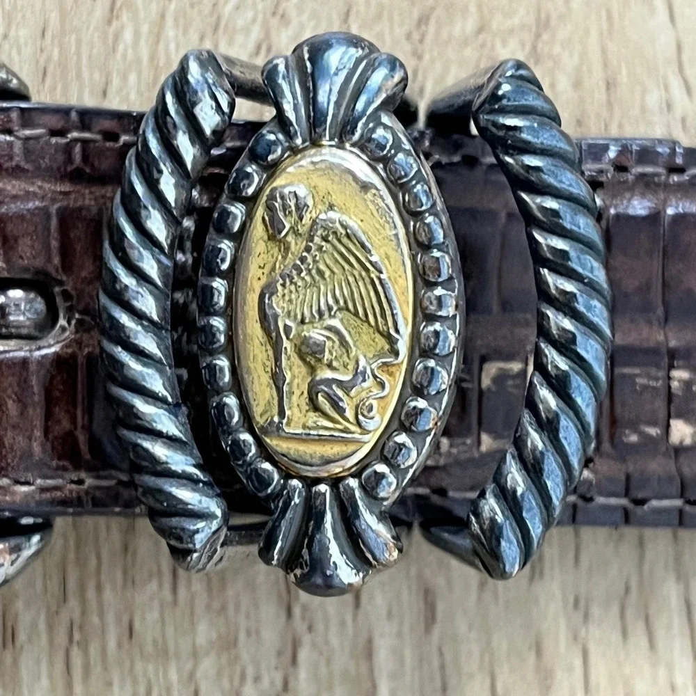 Brighton Greco-Roman Coin Medallion Belt Women S Brown Lizard Leather Vintage 95